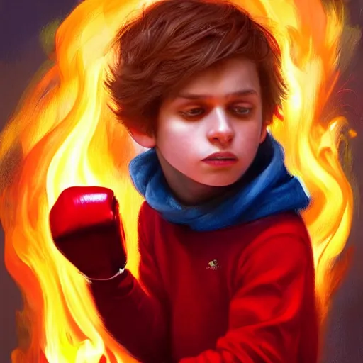 Image similar to colorful and festive captivating young child boy, brown fluffy hair, wearing red and yellow clothes, shooting a fire ball out of his fist. full body, rich vivid colors, ambient lighting, dynamic lighting, 4 k, atmospheric lighting, painted, intricate, highly detailed by charlie bowater