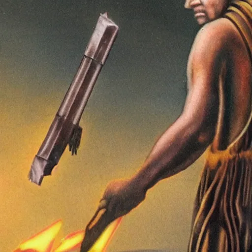 Image similar to photograph of a neolithic person holding a plasma rifle