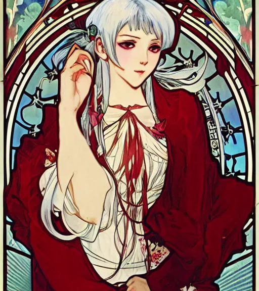 Image similar to Portrait of an anime girl with white hair wearing red gothic lolita dress, art by Alphonse Mucha and Shirow Masamune