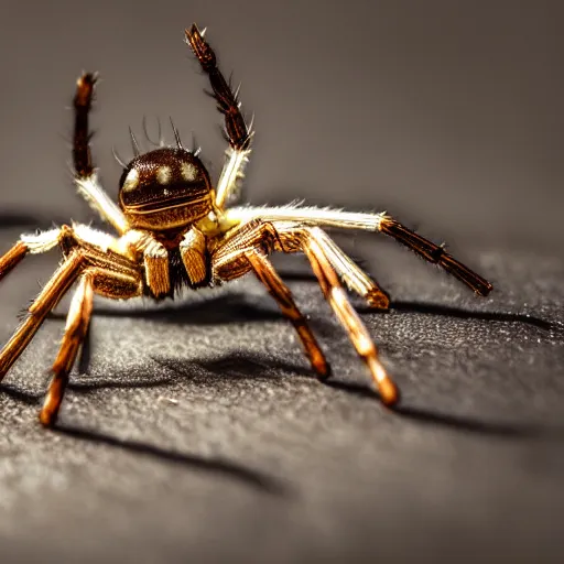 Prompt: macro photograph of a miniature mechanical spider