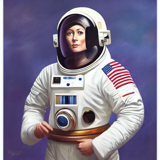 Prompt: a fine art painting of an veatiful female astronaut in the style of Phil noto