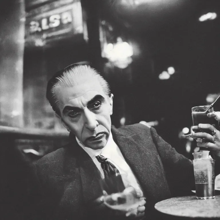 Prompt: Sepia medium shot shallow depth of field hyperrealistic street photography of an aging Bela Lugosi vampire with an elegant hairstyle wearing a fancy suit drinking a Bloody Mary in a dark dive bar by Lisette Model by Diane Arbus in 1957, grainy shocking detail hyperrealistic trending on artstation