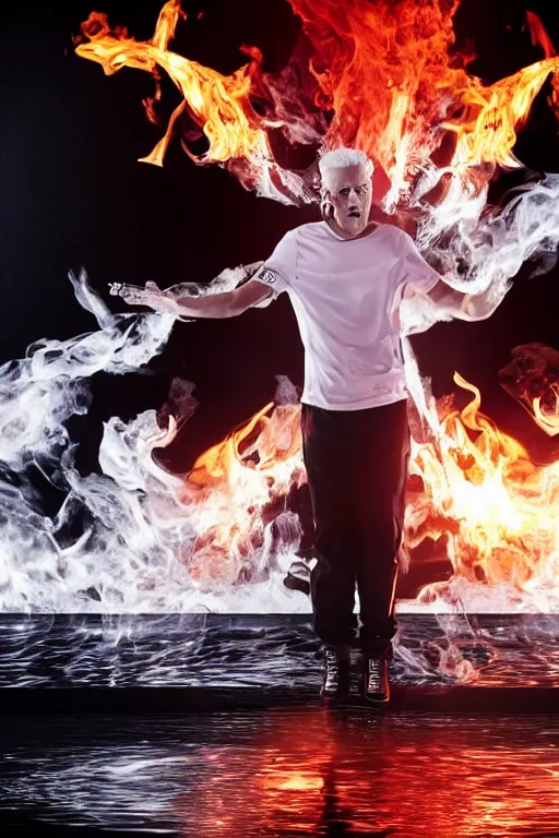 Image similar to scooter rapper baxxter with white hair standing in water shouting in the microphone with explosion and flames in background, full body, white shirt, black pants, reflection in water, volumetric lighting, golden ratio