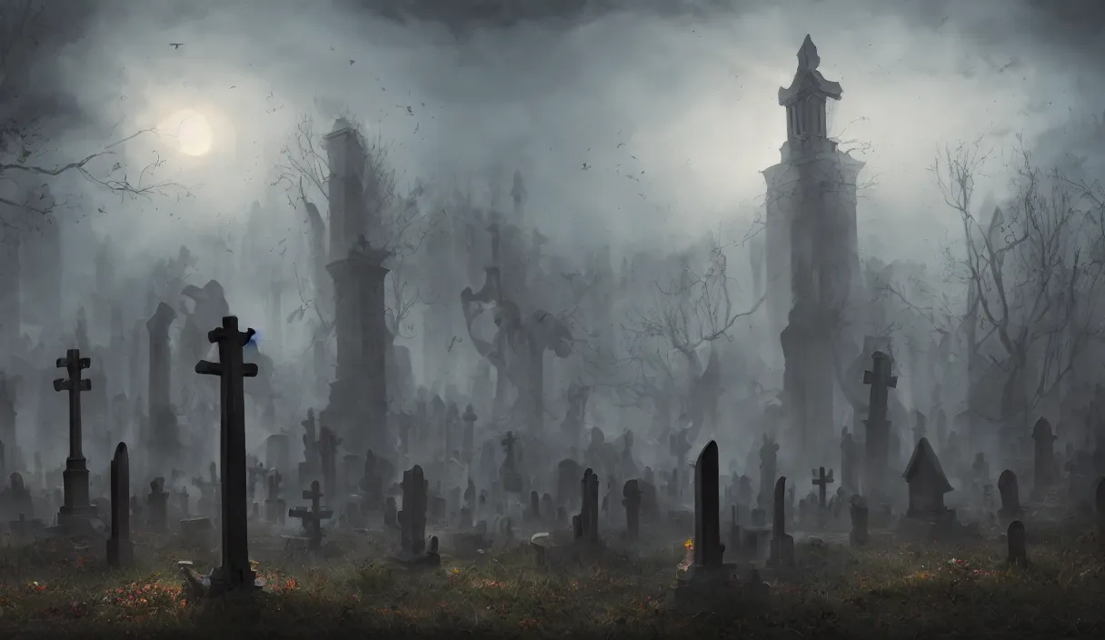 Image similar to a beautiful painting of a graveyard, cinematic angle, studio lighting, movie concept, trending on artstation, 8 k, ultra high detail