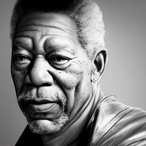 Prompt: realistic photo of Morgan Freeman as superhero The Flash, heroic pose in the style of Peter Lindbergh, white fog, key lighting, octane render