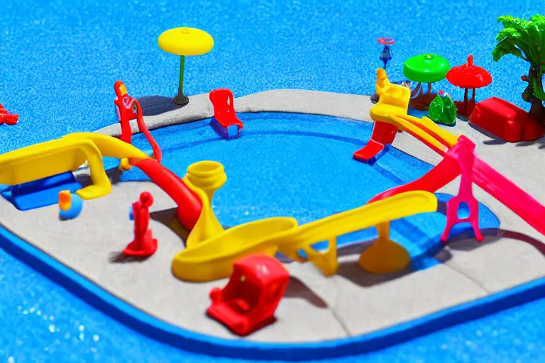 Image similar to fisher price public pool, california scene from tv show hyper detailed 5 5 mm 8 5 mm, toy photography, made out of plastic