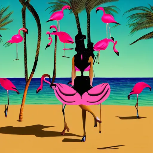 Prompt: A surreal comic noir illustration of a puzzle containing a beautiful woman and Flamingos on a desert beach oasis by Salvador Dali, dark vibes, high contrast, pastel lighting, cinematic, depth of field, 8k