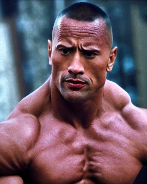 Image similar to Film still close-up shot of Dwayne Johnson as Rocky Balboa from the movie Rocky. Photographic, photography