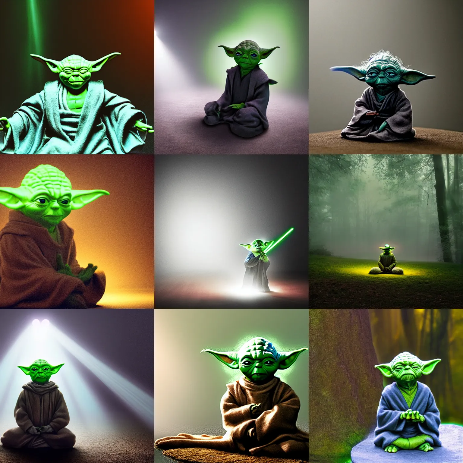 Prompt: yoda meditating in a spotlight with light fog