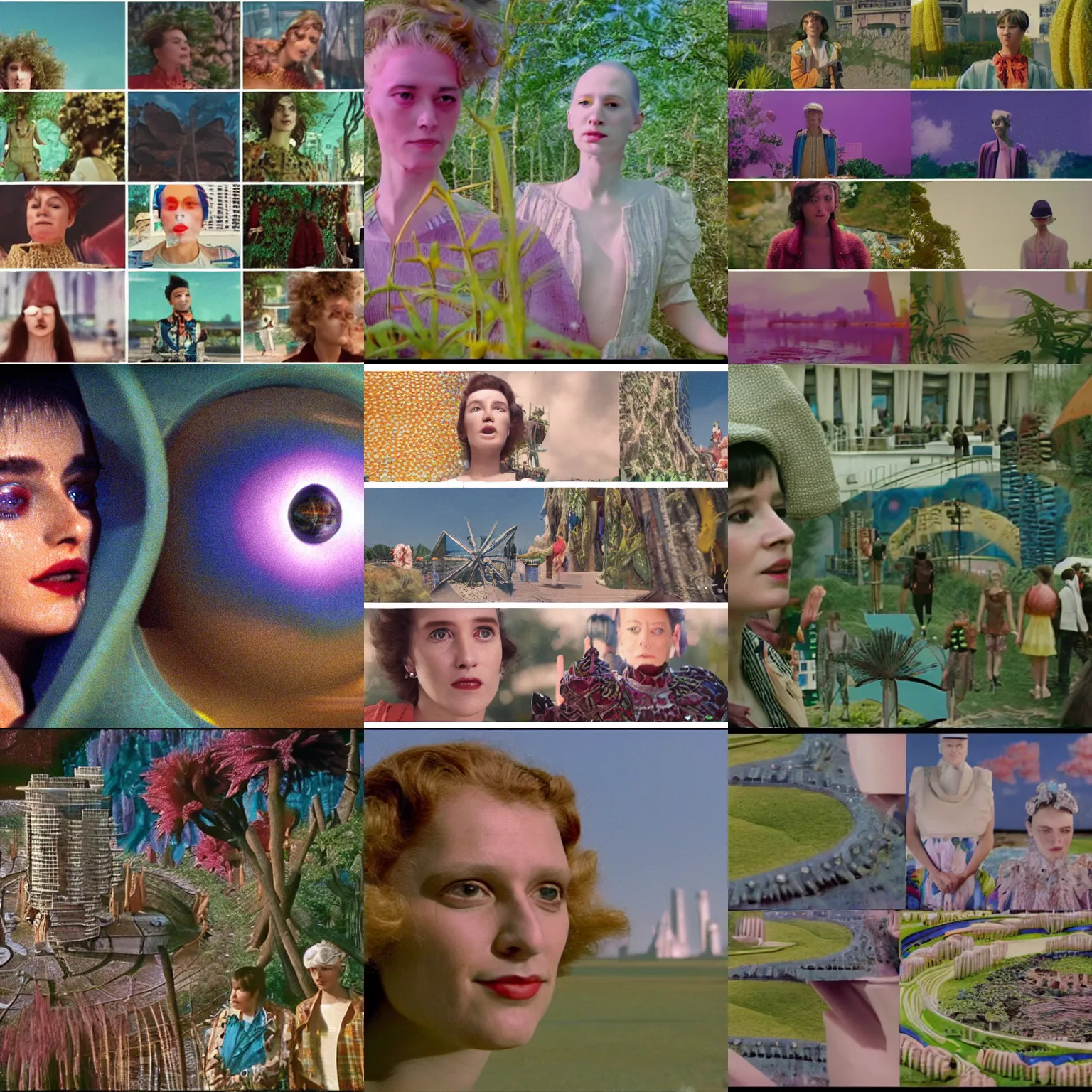 Prompt: non binary future world, sustainable cities in a harmonious coexistence, the fashion of the time, super 8 close - up by maria sibylla merian, derek jarman, barbara hammer 4 k, 8 k, perfect realistic faces, very detailed eyes