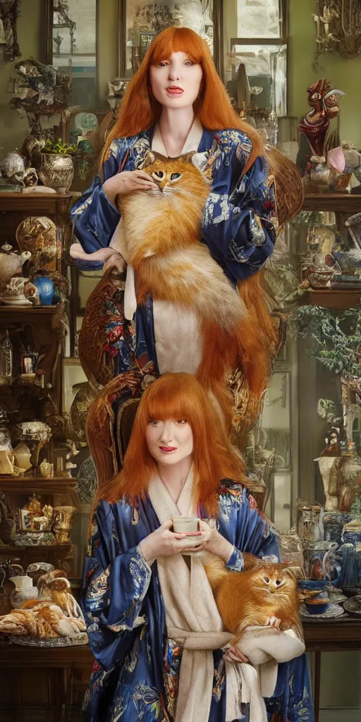 Prompt: a stunning hyper-detailed photorealistic painting of only one slender beautiful smiling woman with long ginger hair and bangs, wearing a luxurious silk robe, wearing headphones and posing with her large ginger tabby cat and her raccoon and parrots in an overstuffed easy chair in her sunlit victorian living room, holding a porcelain parrot-shaped coffee mug and a donut, perfect eyes, fashion photography, cinematic lighting, octane render, IBEX Masters, unreal engine, 85 mm lens,