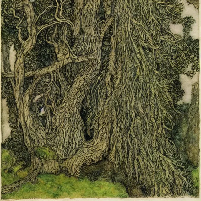 Prompt: a detailed, intricate watercolor and ink illustration with fine lines, of a mossy willow tree by a river, by arthur rackham and edmund dulac and ted nutall