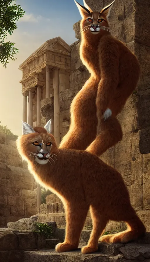 Image similar to fullbody photo of humanoid cute fluffy caracal dressed in toga as alexander macedon, sun behind him, ancient greek city, sunny day, by ilya kuvshinov, rtx rendering, octane render 1 2 8 k, maya, extreme high intricate details by tom bagshaw, medium shot, composition by sana takeda, lighting by greg rutkowski