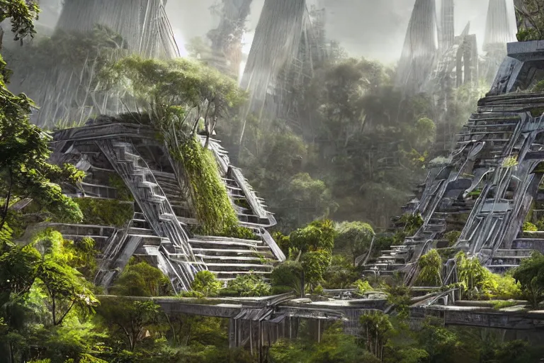 Image similar to brutalist futuristic Aztec structures, manicured garden of eden, by Jessica Rossier and HR giger