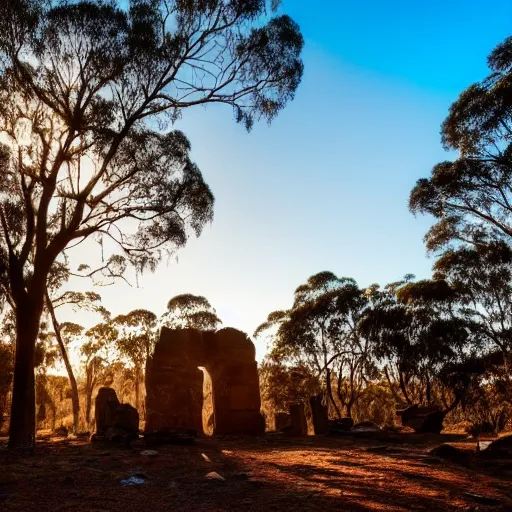 Image similar to Beautiful photo of a interesting ancient stone ruin in an Australian forest, little remaining, golden hour photography, sun hidden, blue sky, trees in the background, wallpaper, 4k