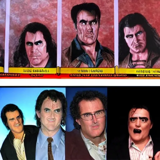 Prompt: bruce campbell, evil dead, mortal kombat character selection screen, vs, weird al yankovic