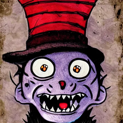 Prompt: grunge drawing of the cat in the hat by - rick and morty , loony toons style, horror themed, detailed, elegant, intricate