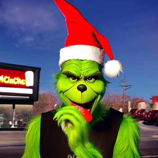 Image similar to the grinch working at mcdonalds