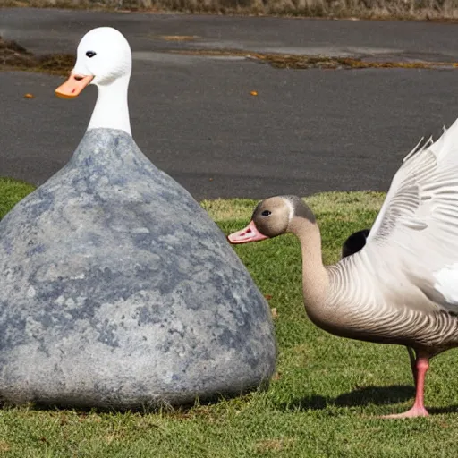 Image similar to a goose attacking a goose statue