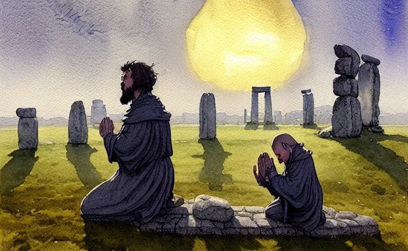 Image similar to a hyperrealist watercolour character concept art portrait of one small grey medieval monk kneeling down in prayer in front of a complete stonehenge monument on a misty night. a huge stone is in the sky. by rebecca guay, michael kaluta, charles vess and jean moebius giraud