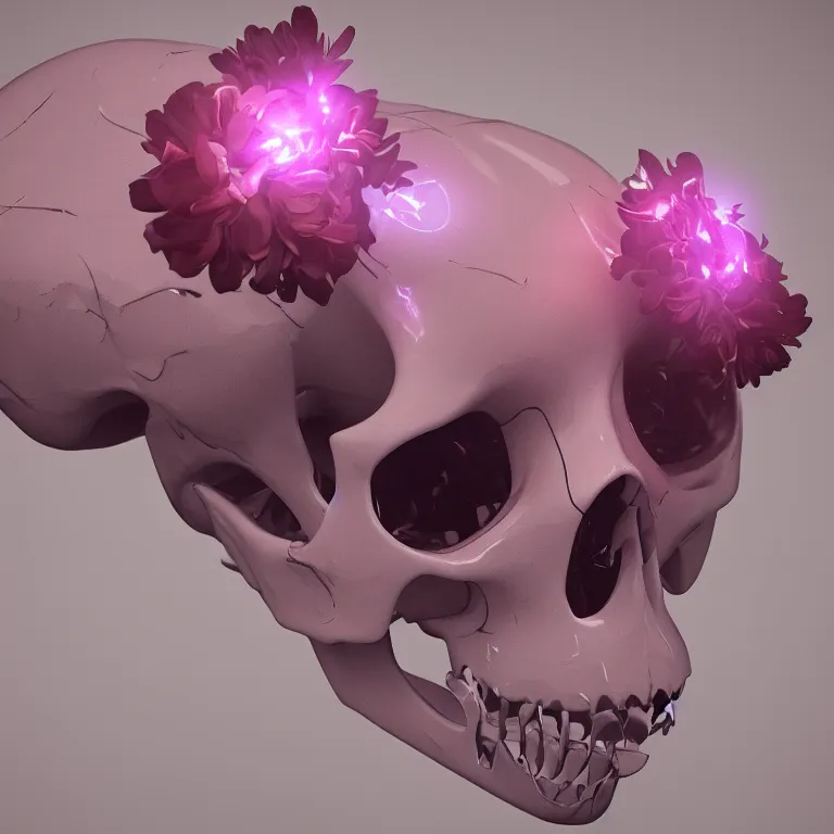 Prompt: 3D Render of a flower cat skull, cyberpunk, artstation