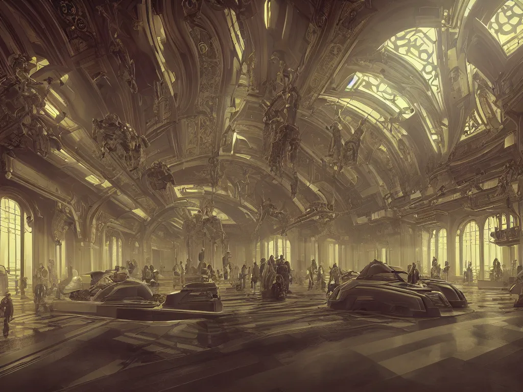 Prompt: cinematic movie scene, 120mm wide shot, precise architectural rendering, interior of a sci-fi space station with ornate art nouveau architecture, bustling with people and robots, planets and moons visible through windows, gothic architecture, emerald, crystalline, detailed illustration, sharp focus, concept art, unreal engine, octane render, god rays