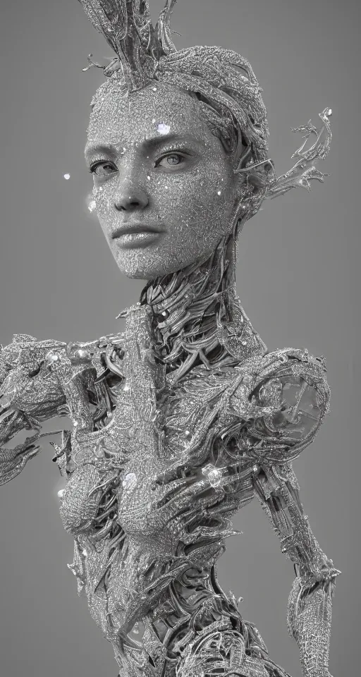 Image similar to full body detailed, ethereal, biomechanical, covered in diamonds and other gems glowing, highly detailed face, elegant posed, intricate, extremy detailed, beeple, cgsociety, 3 d unreal engine octane render. cinematic lighting, highly detailed 4 k art