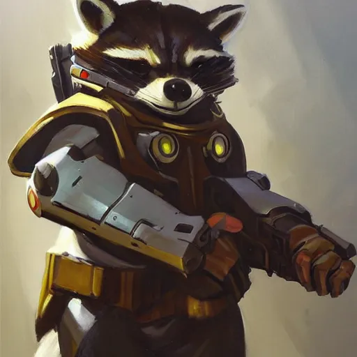 Image similar to greg manchess portrait painting of armored rocket raccoon as overwatch character, medium shot, asymmetrical, profile picture, organic painting, sunny day, matte painting, bold shapes, hard edges, street art, trending on artstation, by huang guangjian and gil elvgren and sachin teng