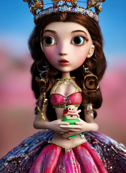 Image similar to closeup profile portrait of tin toy fairytale princess wearing a crown, bikini, depth of field, zeiss lens, detailed, symmetrical, centered, fashion photoshoot, by nicoletta ceccoli, mark ryden, lostfish, breathtaking, 8 k resolution, extremely detailed, beautiful, establishing shot, artistic, hyperrealistic, octane render