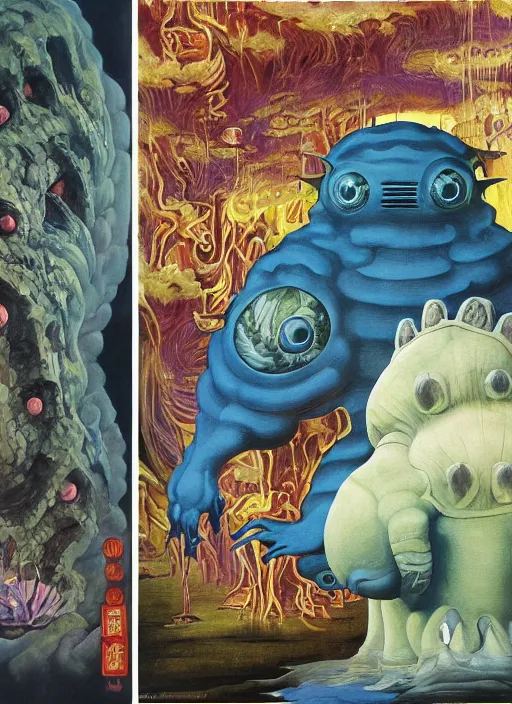 Image similar to a giant tardigrade kaiju retro japanese monster slimy, oil painting, 7 0 s vintage art, by georgia o keeffe, by kay nielsen, by gustave dore, by frank frazetta, nausicaa