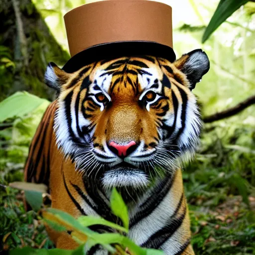 Prompt: photo of tiger wearing a top hat in jungle