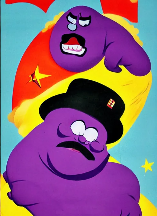 Prompt: grimace ( obese purple guy ) on a soviet russian propaganda poster, illustration, airbrush, joseph stalin