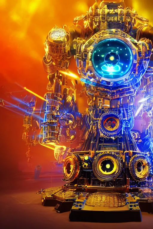 Image similar to portrait photo of a giant huge golden and blue metal futuristic steampunk robot covered with multicolored big gears and tubes, a red electric guitar, eyes are glowing red lightbulbs, shiny crisp finish, 3 d render, 8 k, insaneley detailed, fluorescent colors, background is multicolored lasershow