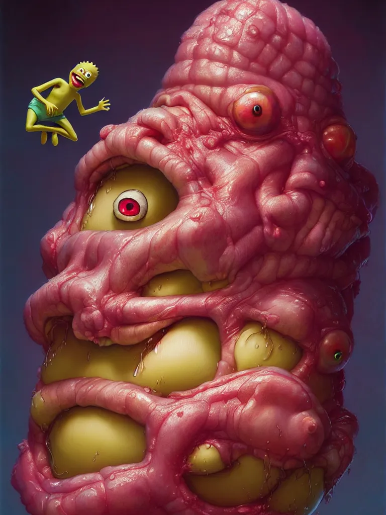 Image similar to hyperrealistic rendering, fat smooth cronenberg flesh monster spongebob by donato giancola and greg rutkowski and wayne barlow and zdzisław beksinski, product photography, action figure, sofubi, studio lighting, colored gels, colored background