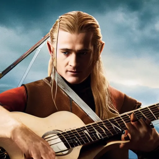 Image similar to legolas playing guitar, movie trailer, 4k