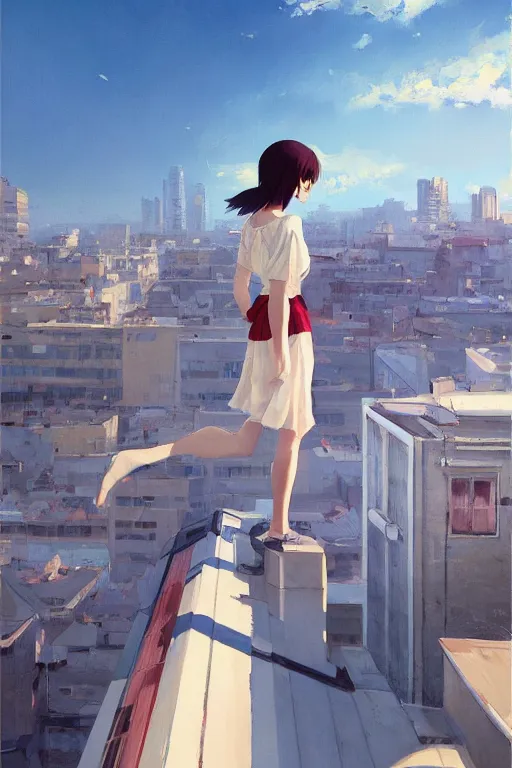 Prompt: A ultradetailed beautiful panting of a stylish girl painting on a canvas, she is standing on a rooftop, by Ilya Kuvshinov, Greg Rutkowski and Makoto Shinkai