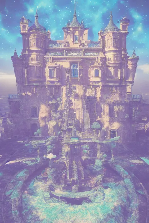 Image similar to multi level baroque castle in space, calm, tranquil, faded effect, detailed, vaporwave colors, render by substance designer