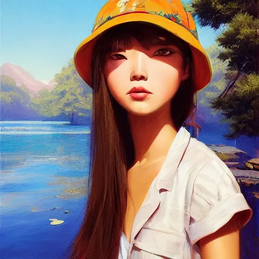 Image similar to oil painting by ilya kuvshinov,, chad knight, artgerm craig mullins, coby whitmore, of a youthful japanese girl, long hair, fishing and wearing fisherman's outfit, fisherman's hat, highly detailed, breathtaking face, studio photography, noon, intense bounced light, water reflection, large tree casting shadow, serine intense sunlight