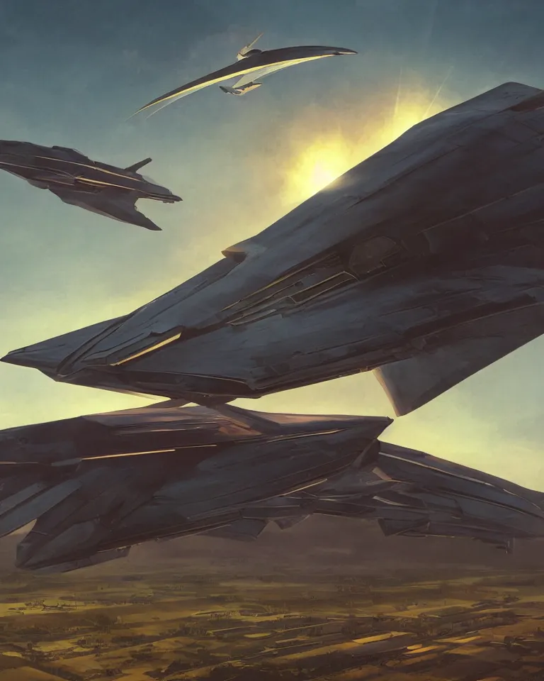 Image similar to wide shot of a tall and thin greebled sharp angled spaceship hovering in the air 6 feet above a cornfield, late afternoon, golden hour, dramatic lighting, cinematic, highly detailed, smooth, sharp focus, concept art by greg rutkowski and artgerm and syd mead