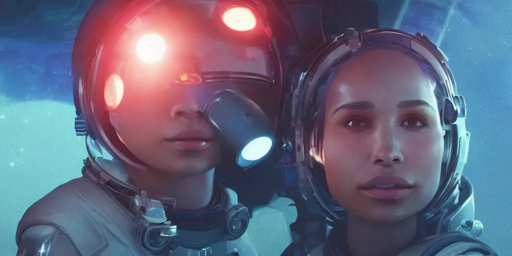 Image similar to Zoe Kravitz with short hair as a techpunk astronaut, helmet with led lights, underwater in the ocean at night, clear water, volumetric lighting, glowing lights, 4k, octane, digital painting, artstation, concept art, cinematic film, sharp focus, illustration, art by artgerm and greg rutkowski and alphonse mucha , wide angle view,