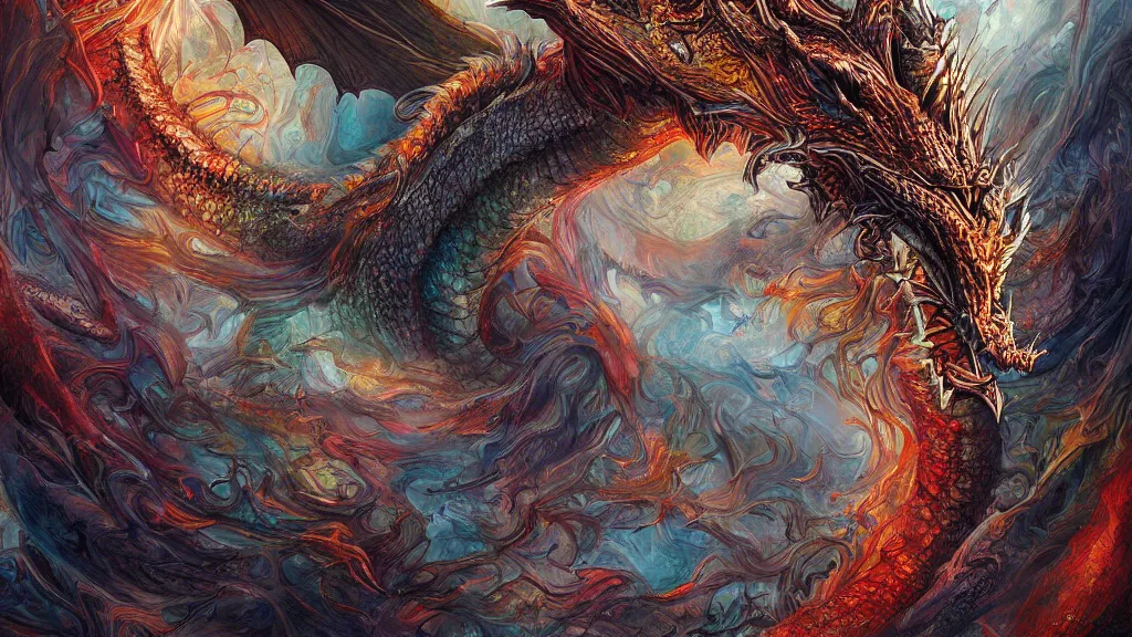 Prompt: extremely detailed digital painting of a dragon by android jones