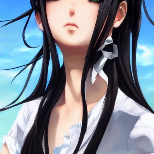 Image similar to luxury advertisement, astonishing portrait of a very beautiful anime high-school girl with black hair ponytail, white ribbon, full perfect face, realistic, highly detailed background, artstation, 120 degree view, drawn by Sasoura, Satchely and Akihiko Yoshida, no distortion