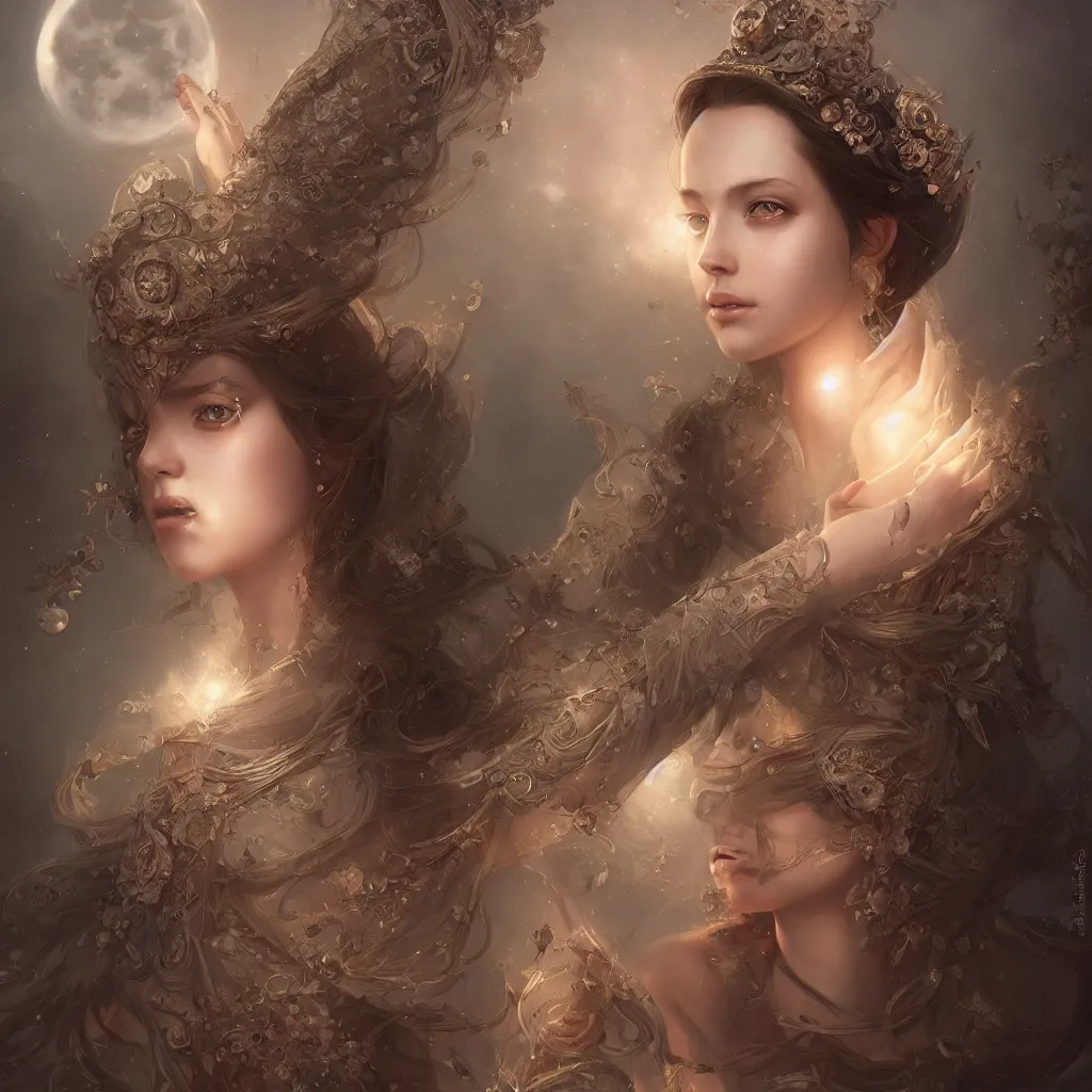 Image similar to a beautiful digital painting of a princess, princess, the moon behind her, intricate, cinematic lighting, highly detailed, digital painting, concept art, smooth, sharp focus, illustration, art by tom bagshaw, artgerm and greg rutkowski