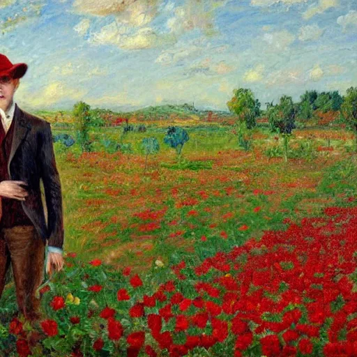 Image similar to A tall man with blue eyes and brown hair stands in the middle of a field of red roses and holds a red rose in his hand. He is wearing a leather wide brim hat and a leather vest, impressionist painting