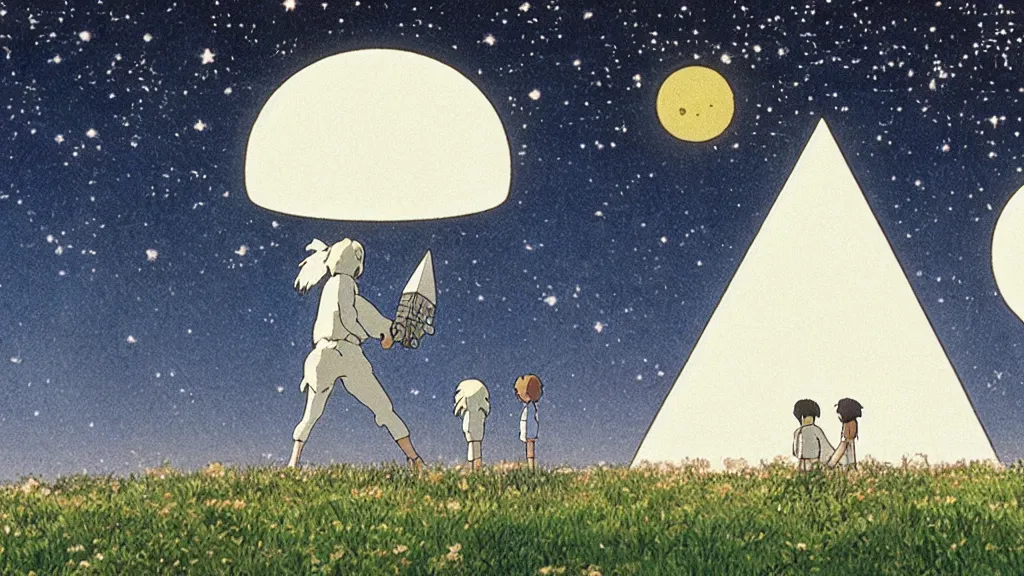 Image similar to a movie still from a studio ghibli film showing a floating large white pyramid, an alien, and a ufo on a misty and starry night. by studio ghibli