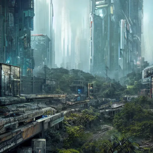 Prompt: beautiful nature reclaiming a dystopian city, cyberpunk, sharp focus, dynamic lights, still, photograph, hyper realistic, masterpiece, octane render, rendered, 3 d, cinematic, cinematic lighting, dramatic lighting, highly detailed, intricate details, texture, cinematic composition, by donglu yu and kevin jick and eddie del rio