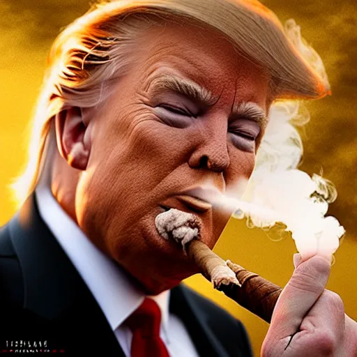 Prompt: a high quality photo of donald trump smoking a cigar, 3d scene, render, ultra realistic, artstation, cgsociety