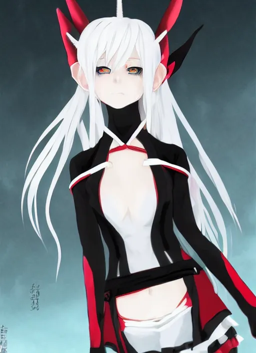 Prompt: A white haired anime girl with black horns and long elf ears, red eyes, in style of Ilya Kuvshinov