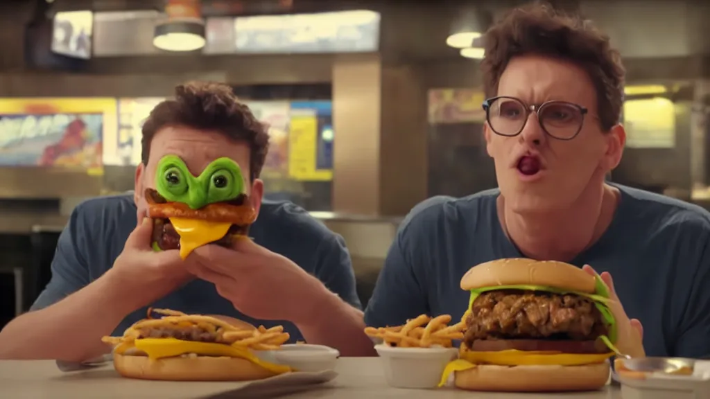 Image similar to the strange creature eats a cheeseburger, at the fast food restaurant, television commercial, directed by david cronenberg studio lighting, extremely professional