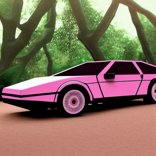 Image similar to primitive, low polygon render of a pink delorean in the jungle